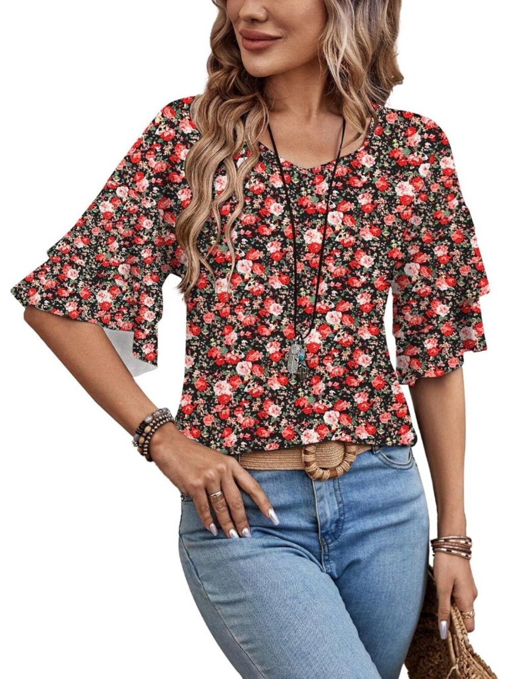 Women's Floral Red White V Neck Blouse Ruffle Bell Sleeve Summer Casual Top Tee